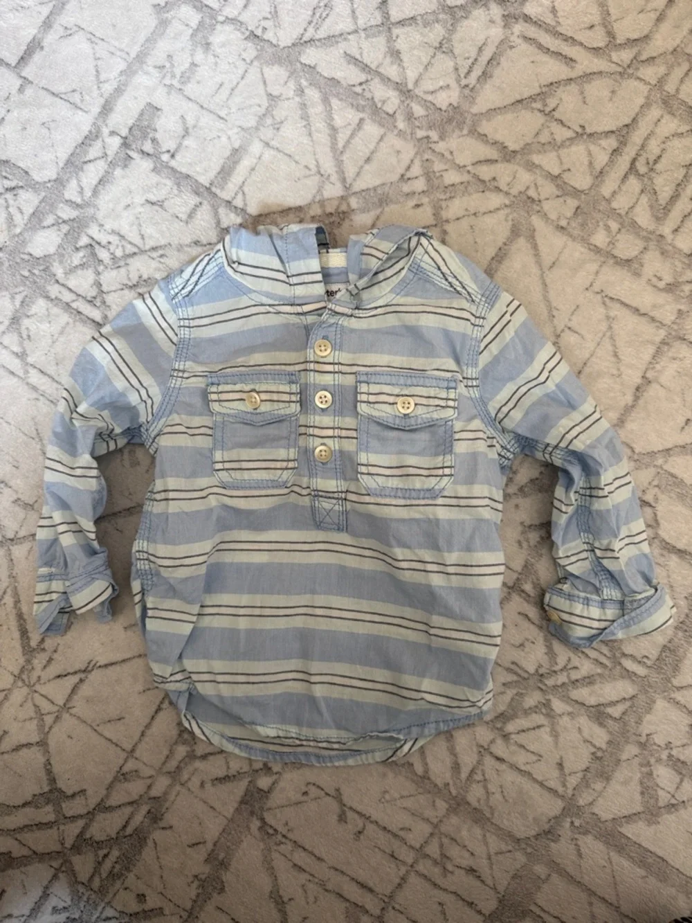 Carter's Light Blue & White Striped Button Placket Shirt with Hoodie